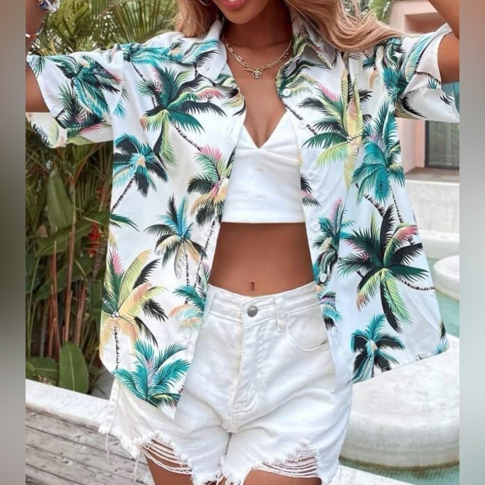 Bohemian Tropical Print Button Front Beach Shirt